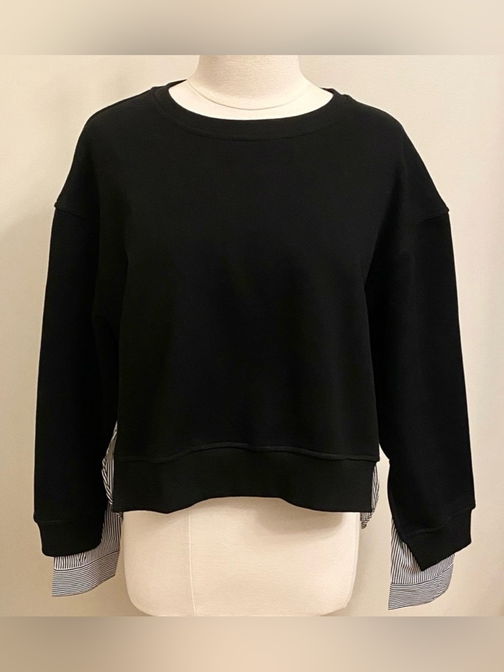Elan Black White Striped Mixed Media S Preppy Nautical Coastal Chic Sweatshirt